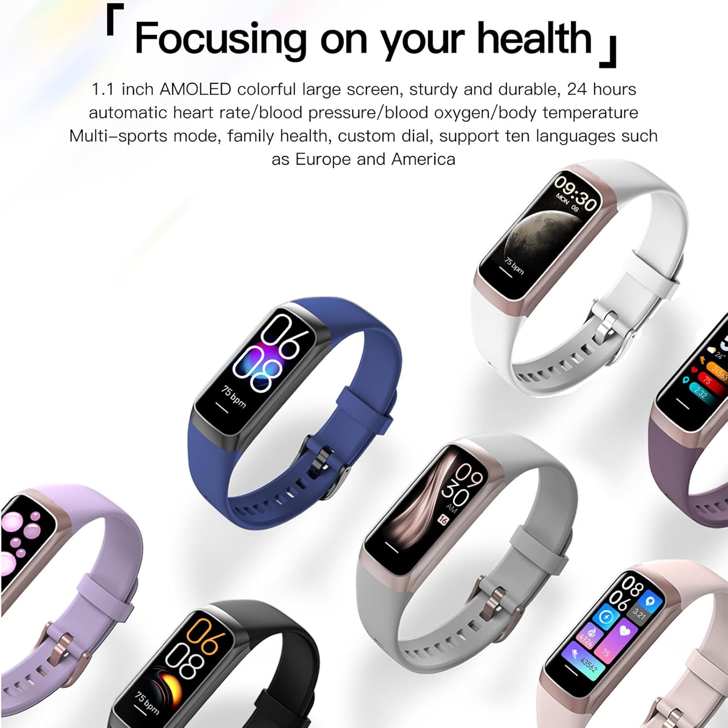 Premium AMOLED Fitness Tracker for Men & Women - Blood Pressure Monitor, Step Counter, Calorie Tracker, IP68 Waterproof, Compatible with Android & iOS